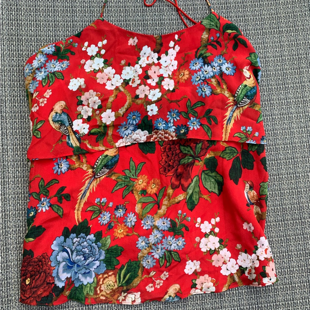 Alice and Olivia Stacey Bendet silk floral top ruffle top. Tie at neck.NWT silk